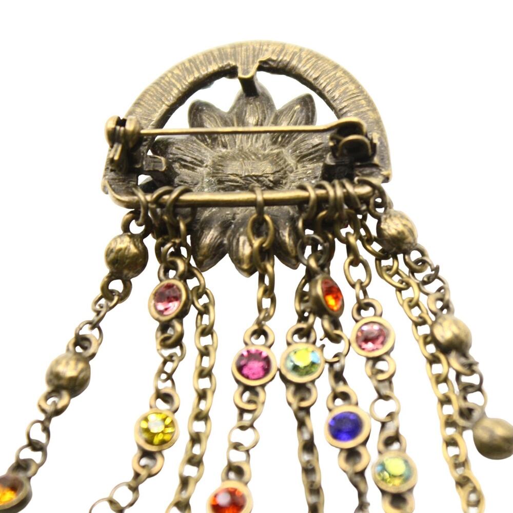 Vintage Multicolor Rhinestone Fringe Brooch Pin Dangle Chains 2.5" - Hey Viv - Picture 4 of 6